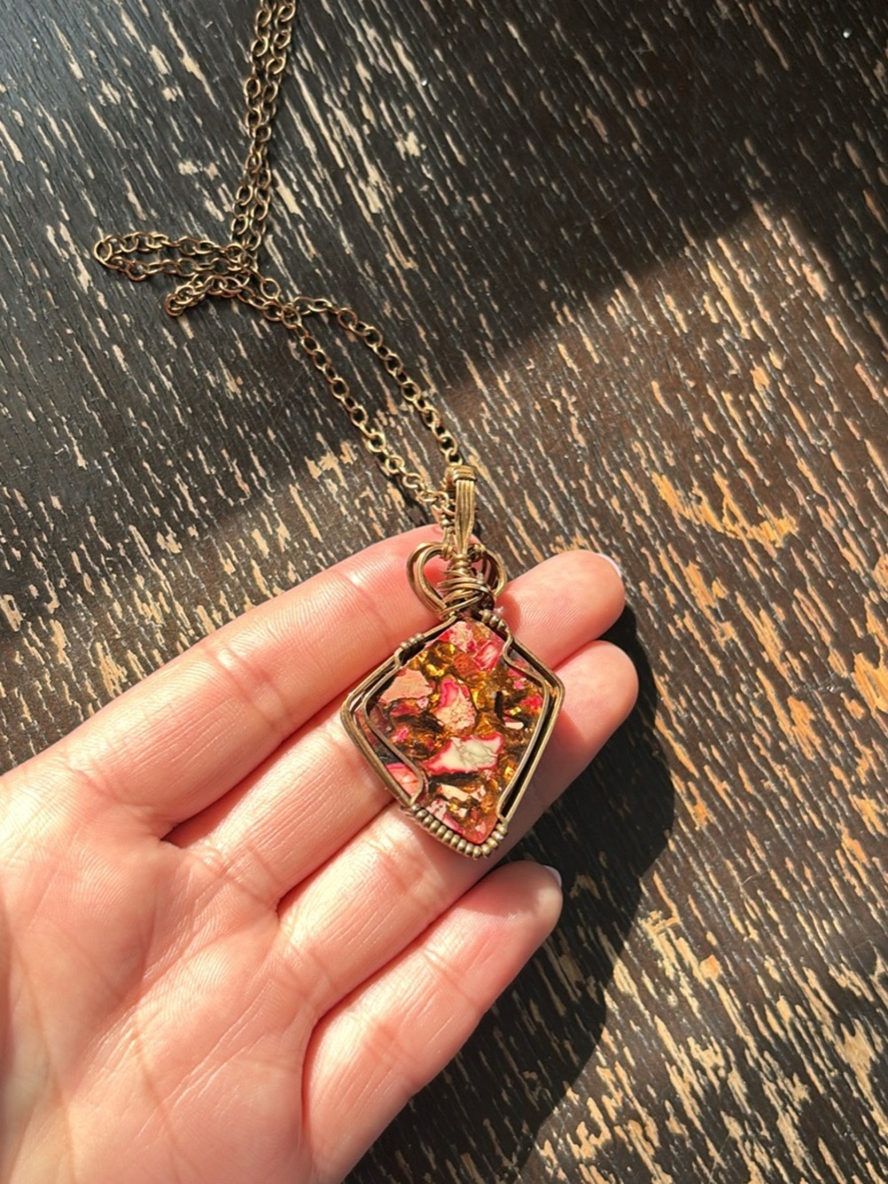 Gold-Tone Wire Wrapped Necklace with Pink Mosaic Pendant